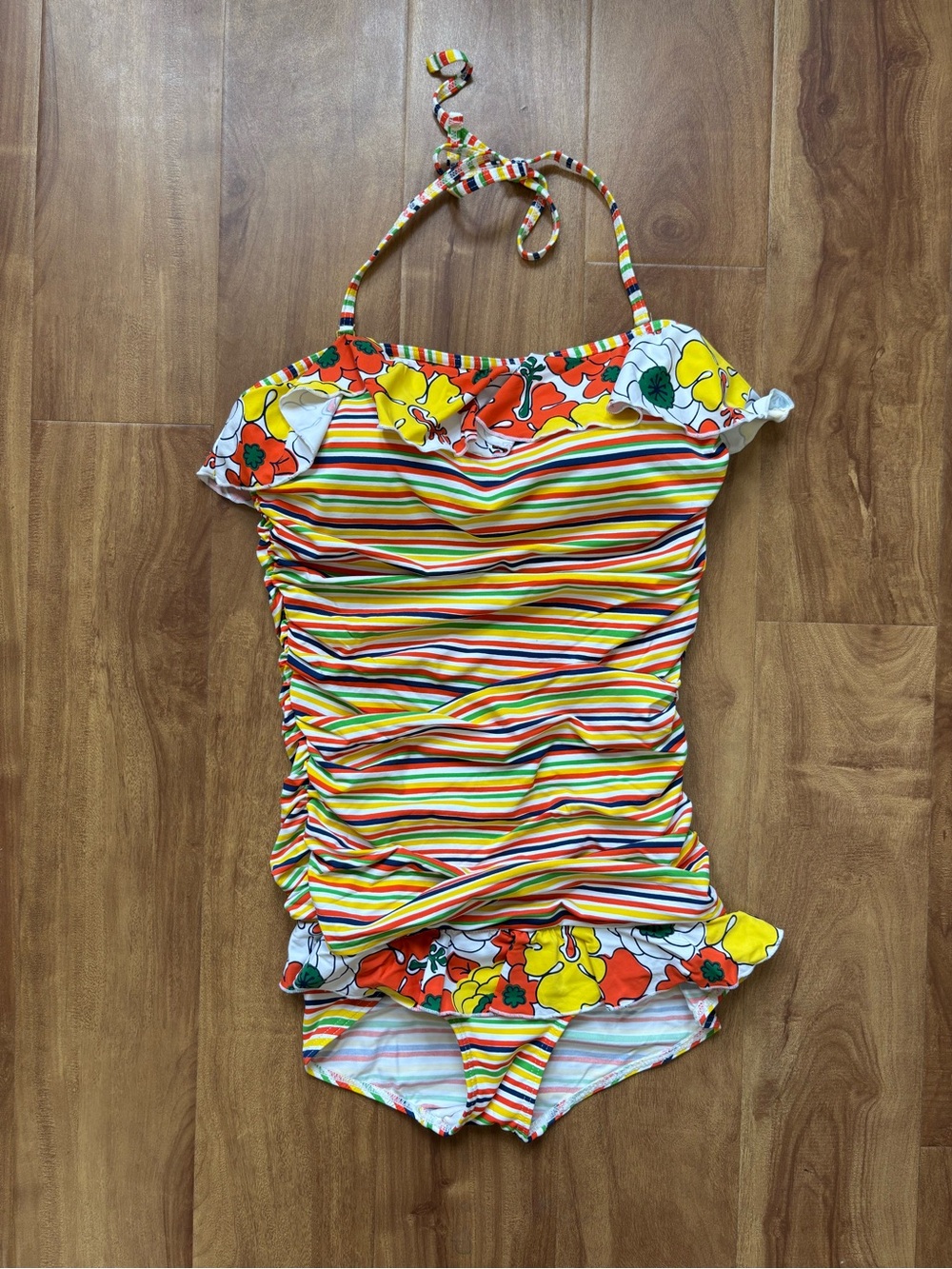 Striped Floral Ruffle Girls' One-Piece Swimsuit - Yellow Multi